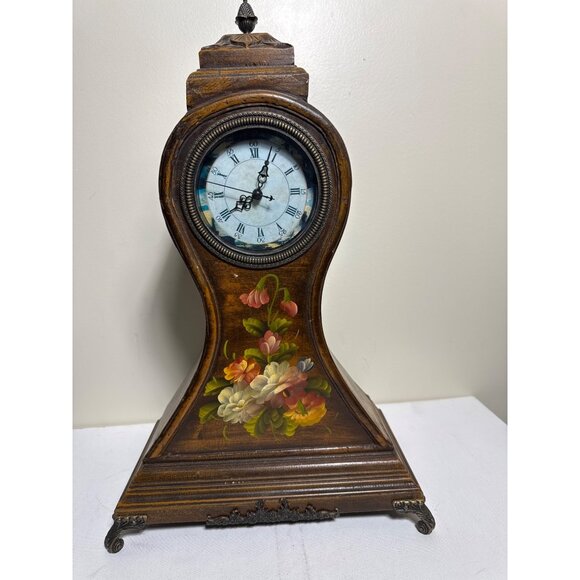 Vintage Wooden Mantel Clock Hand Painted Floral Design & Roman Numerals - Picture 1 of 7